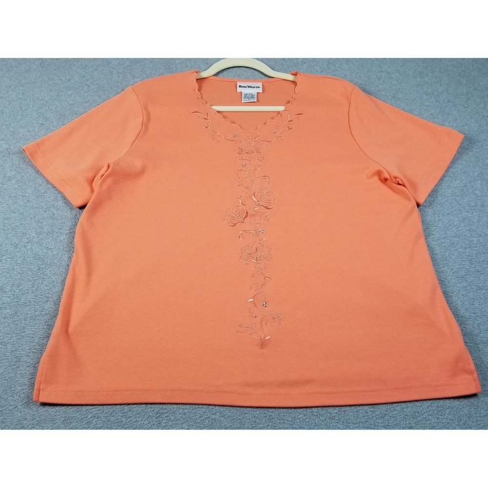 Bon Worth Top Womens Large L Orange Floral Embroidery Short Sleeve V-Neck Blouse